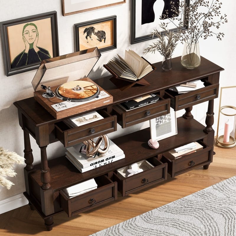 Retro 54" Solid Wood Console Table with 6 Drawers and Shelf for Vintage Living Room and Hallway Storage