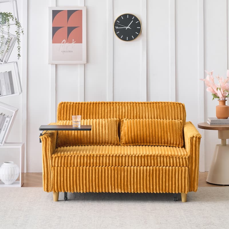 The Pull-Out And Push-In Corduroy Sofa With Dual Functions,Equipped With A Movable Tabletop And Usb Ports,Is Suitable