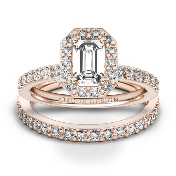 14KT Gold 1.25 CT Halo Diamond Engagement Ring Bridal Set Emerald Cut Wedding Band Amcor Design