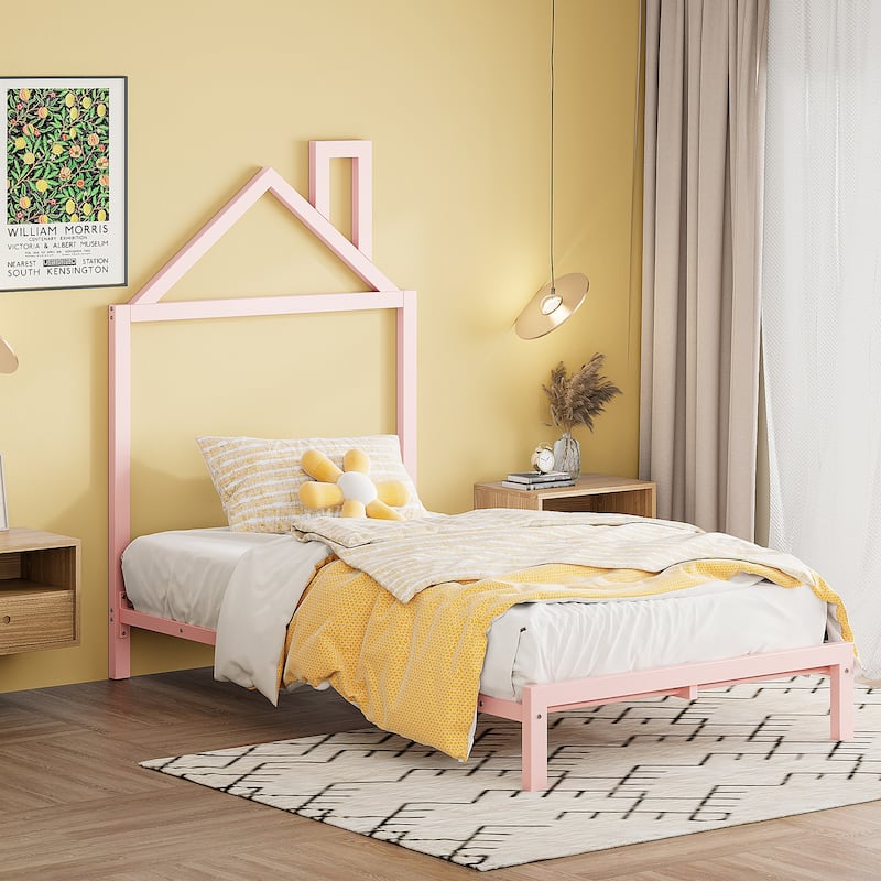 Roomfitters Twin Size Metal Platform Bed with House-Shaped Headboard Design