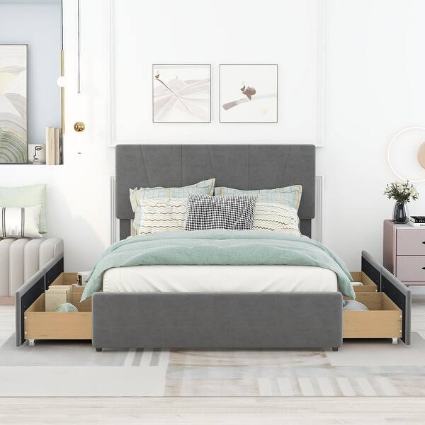 slide 2 of 11, Full Size Upholstery Platform Bed with Four Drawers on Two Sides,Modern Style Gray