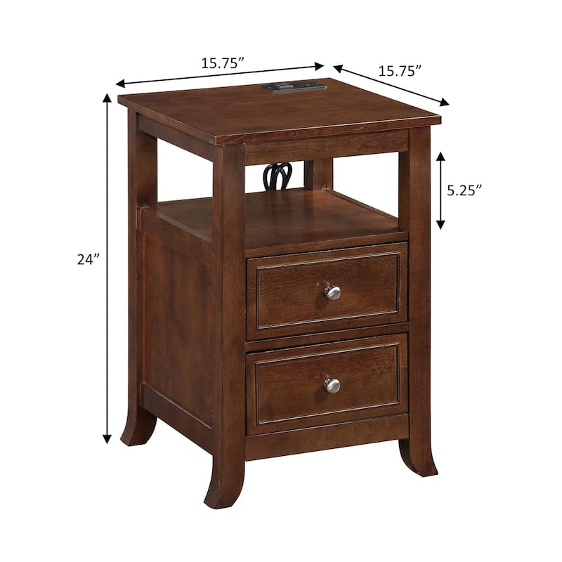 Melbourne End Table with Two Drawers, Shelf and Built-In Charging Station, Stylish Accent Side Table with USB Ports and Plug