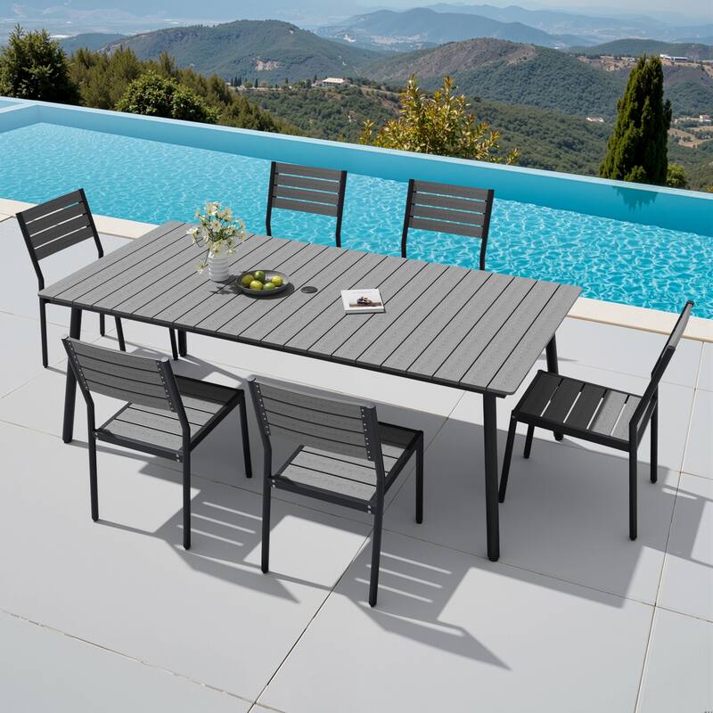 VredHom 7-Piece Outdoor Patio Rectangle Aluminum Dining Table with Chairs - Grey