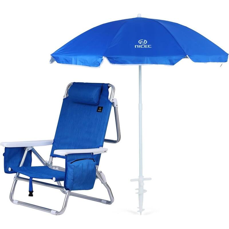 Backpack Beach Chair with Cooler and Umbrella, Cup Holder Outdoor, Ideal for Camping, BBQs, Travel, and Picnics - Blue 1-Pack