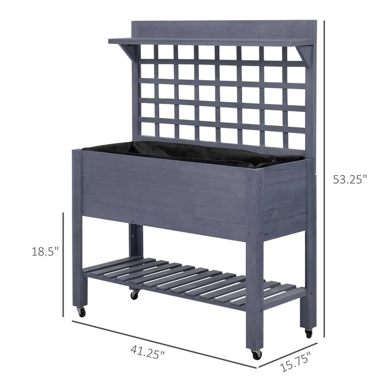 Outsunny 41" Raised Garden Bed with Trellis on Wheels, Wooden Elevated Planter Box with Legs and Bed Liner