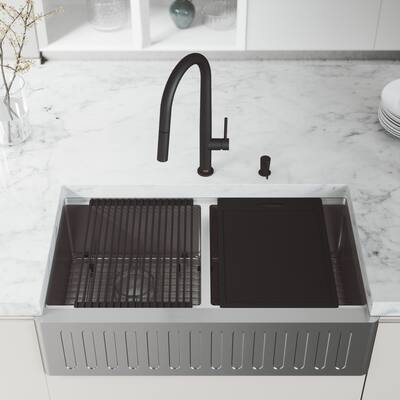 VIGO Matte Stone Double Bowl Kitchen Sink Set and Greenwich Faucet