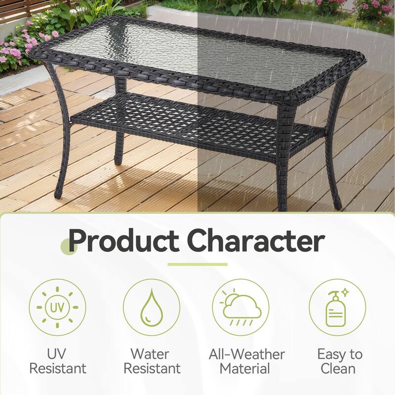 Outdoor Wicker Patio Coffee Table with Glass Top and Storage Shelf