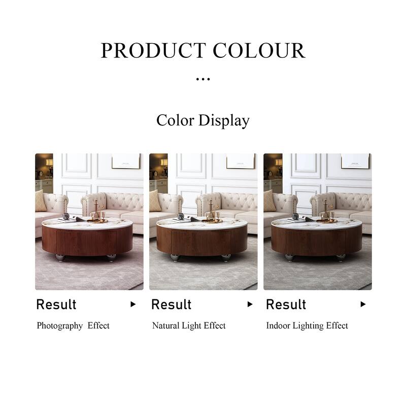 GDFStudio - Contemporary 35.4" Round Coffee Table with Sintered Stone Faux Marble Top and 2 Soft-Close Drawers