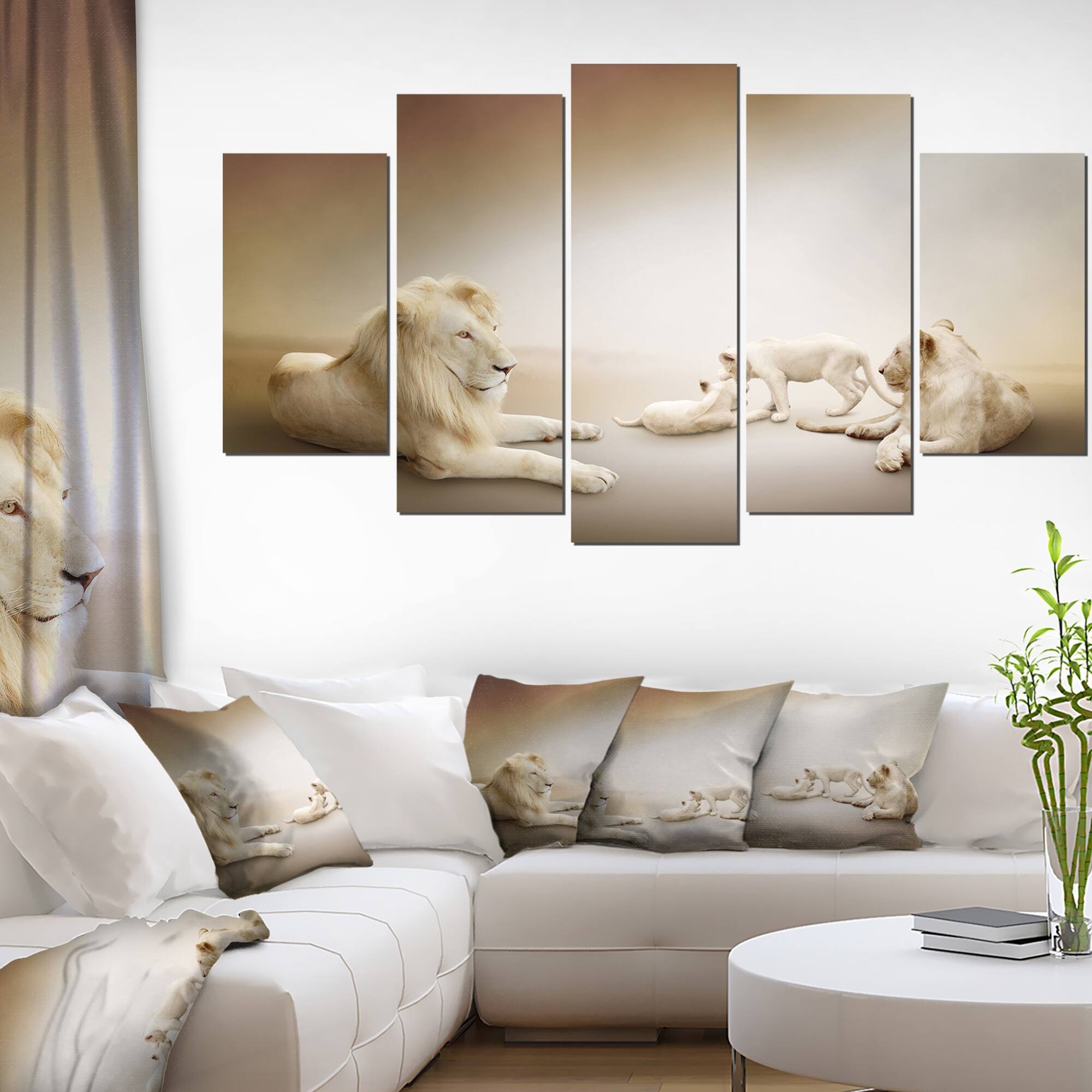 Designart "White Lion Family" Large Animal Art on Canvas Bed Bath