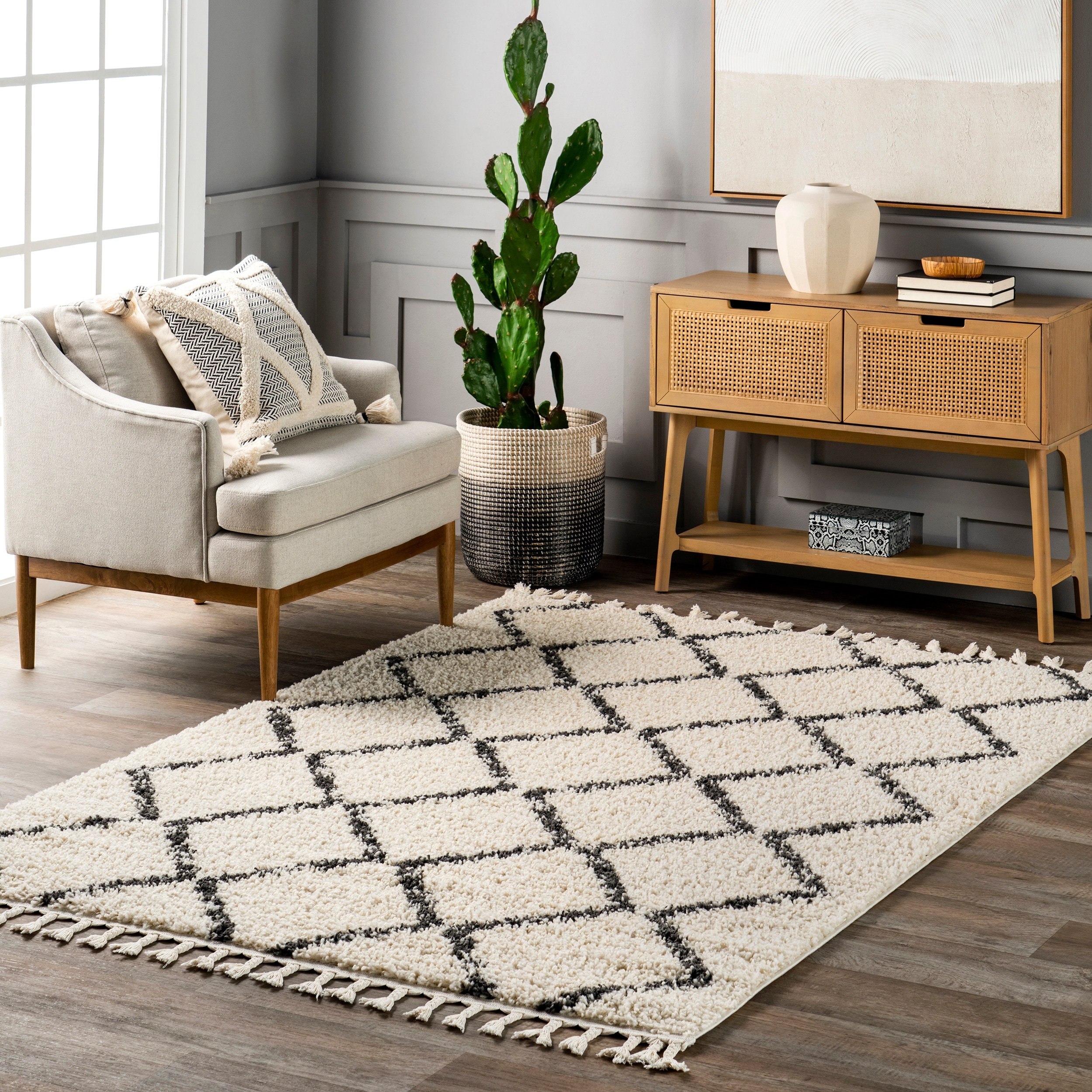 Nuloom Ivory Moroccan Trellis Soft Plush Tassel Shag Area Rug