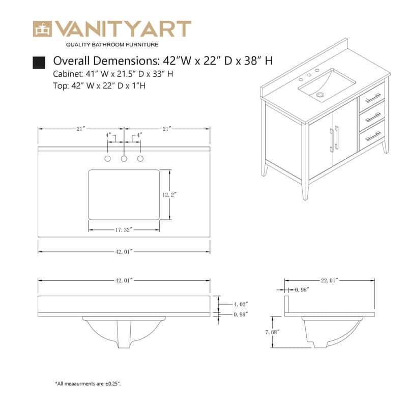 Vanity Art 42" Single Sink Bathroom Vanity Cabinet with Engineered Marble Countertop