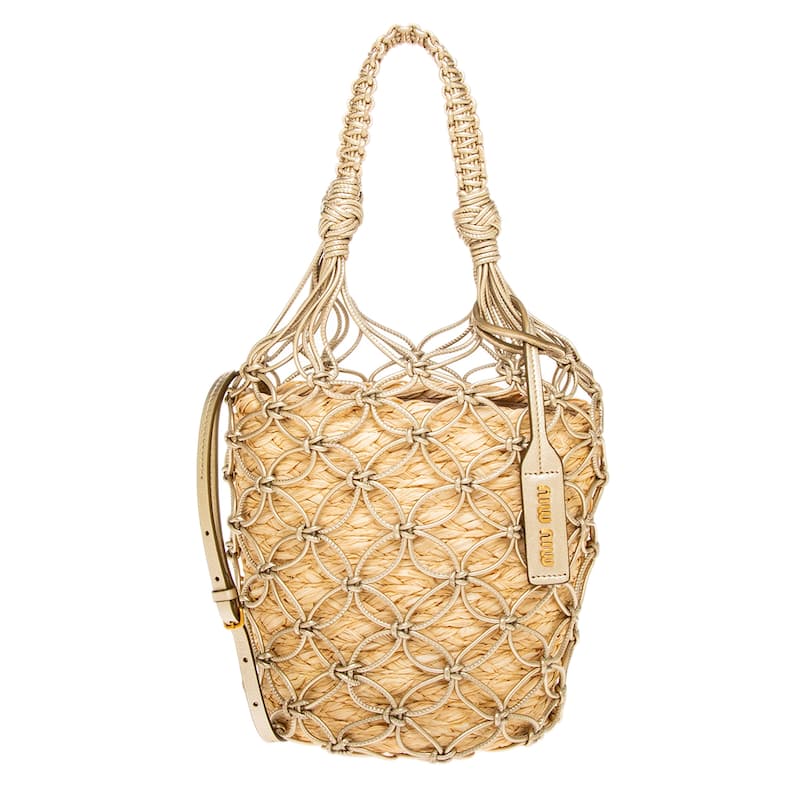 Miu Miu Leather and Raffia Bucket Bag - Natural and Platinum