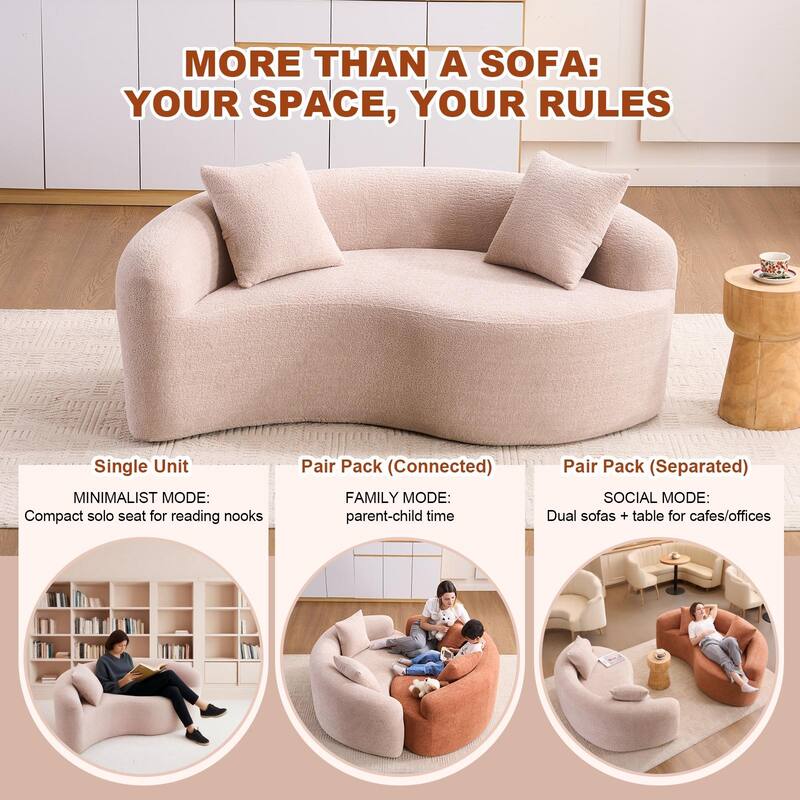 Yin-Yang Design Single Chaise Couch S-curved Chenille Sofa, Purchase 2pc for Combination into Tai Chi Round Sleeper Sofa Bed