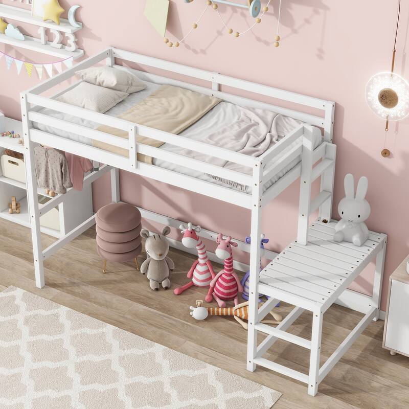 Twin Size Pine Wood High Loft Bed with Ladder landing Platform, Ladders, Guardrails