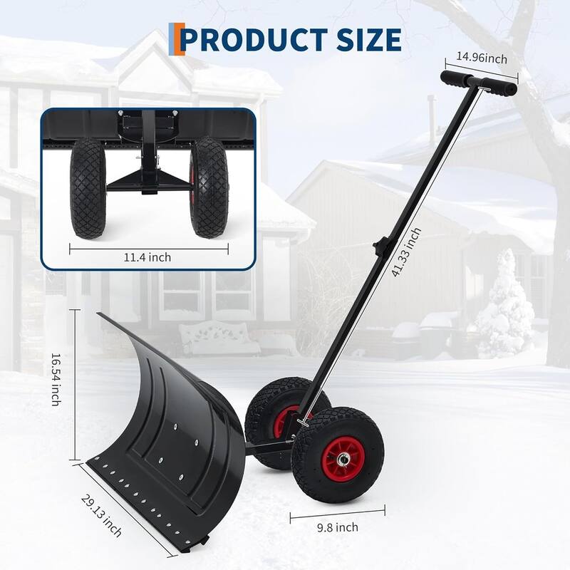29x16.54 in Rolling Snow Shovel with Wheels for Driveway, Sidewalk, and Patio