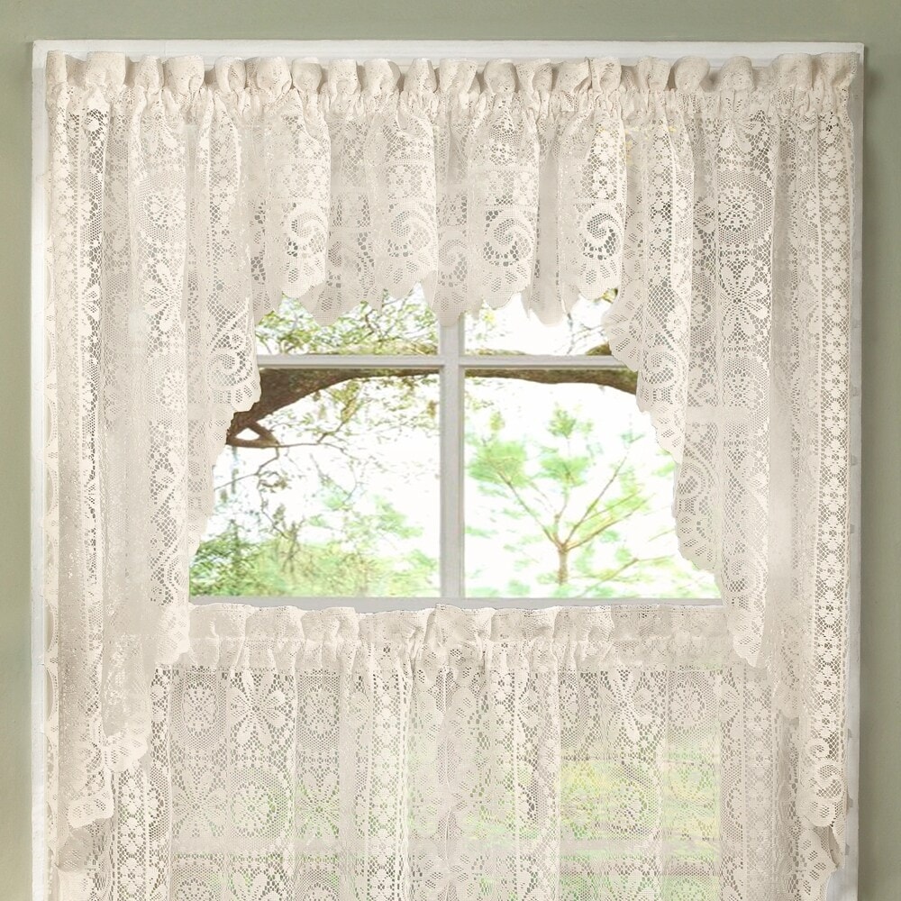 Sweet Home Collection Hopewell Old World Style Floral Lace Kitchen Curtains - Swag, Tier & Valance