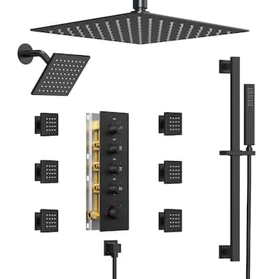Dual Heads Thermostatic Shower System 16" Ceiling Rain Shower Head & 6" Wall High Pressure Shower Faucet with 6 Body Jets