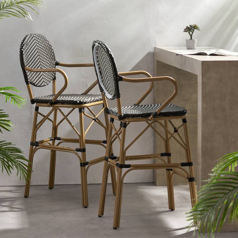 Outdoor Wicker and Aluminum Barstools, Set of 2
