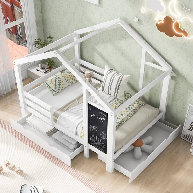 Twin House Bed with Blackboard and Drawers, Two Assembly Options