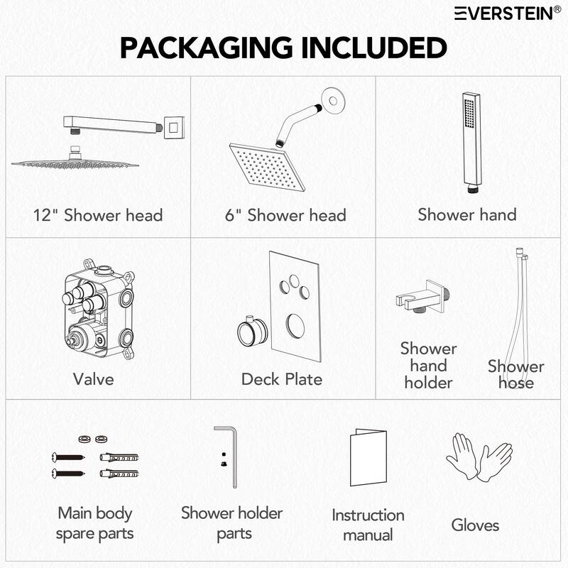 Thermostatic Shower Faucet 12" and 6" High-Pressure Dual Showerheads with Handheld Shower