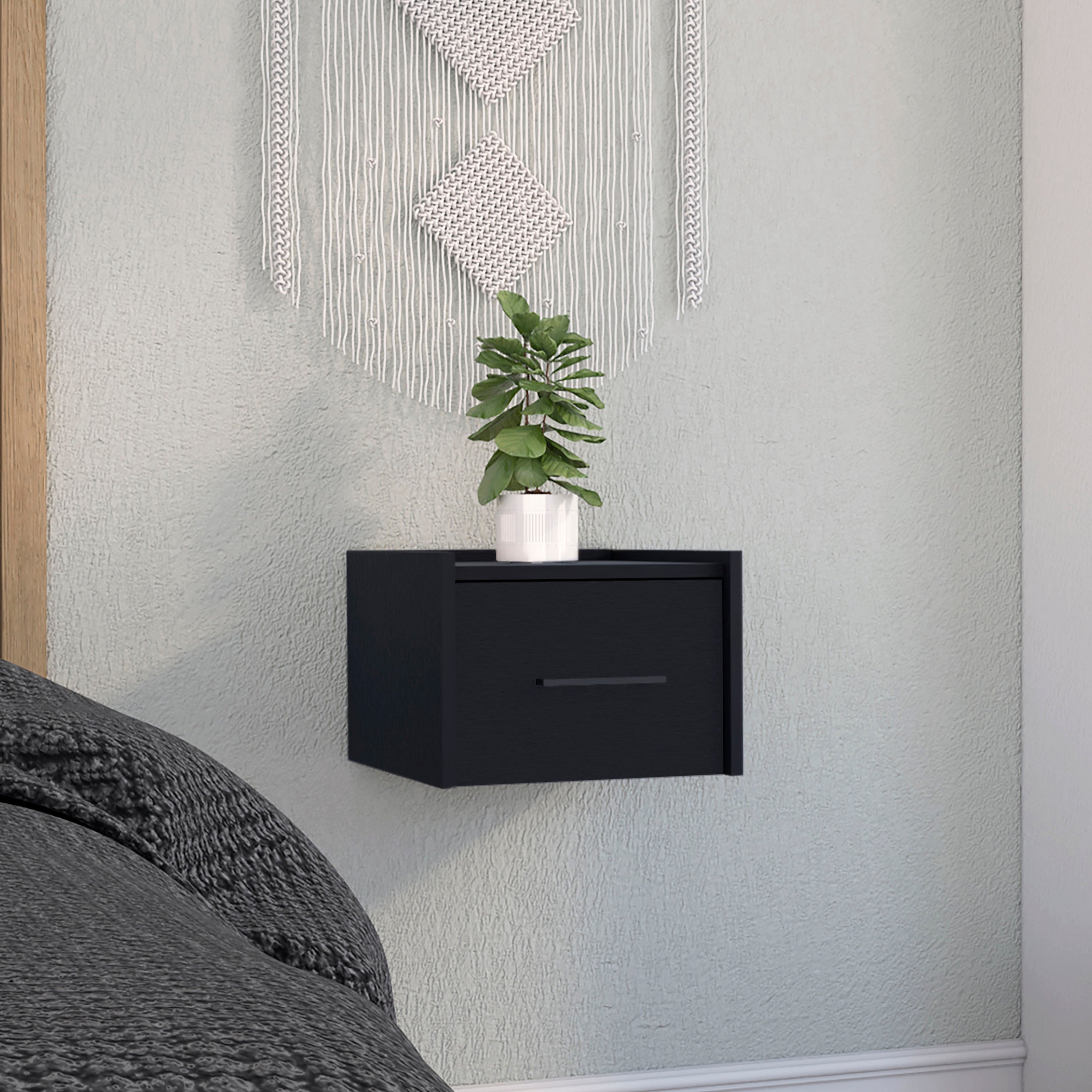 Wall-Mounted Floating Nightstand with Single Drawer - Black