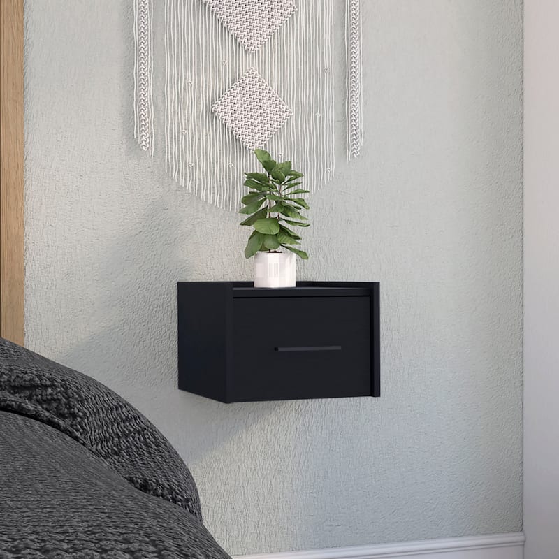 Wall-Mounted Floating Nightstand with Single Drawer - Black - Black