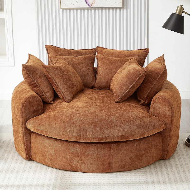 Oversized Round Accent Chair Lounge Chaise, Chenille Upholstered Boneless Sofa Bed, Deep Seat Sleeper Couch Reading Armchair