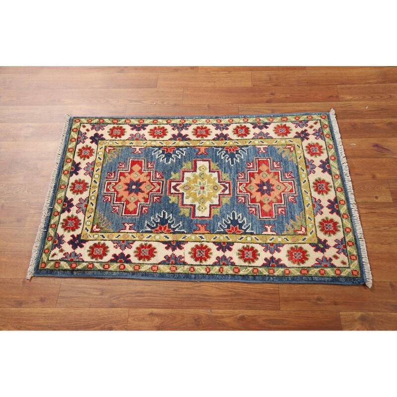 Blue Geometric Kazak Oriental Foyer Rug Hand-Knotted Wool Carpet - 2'0"x 3'0"