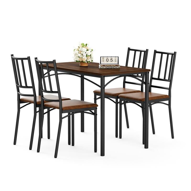 5-Piece Dining Set, 43.3" Rectangle Wood Table with 4 Steel Chairs
