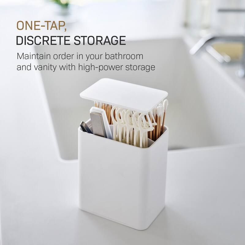 Yamazaki Home Cotton Swab Push-Top Case, ABS Plastic, 200 cotton swabs, Lid - L 2.6 x W 3.78 x H 4.25 inches