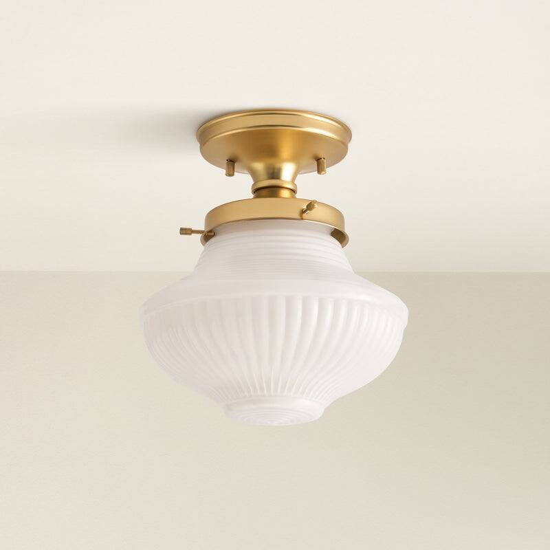 Everly Semi-Flush Mount - Metal, Glass Gold, Ivory White 1-Light Ceiling Light for Kitchen or Hallway in Modern, Farmhouse Style