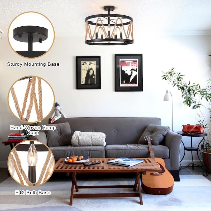 19.68 in. 5-Light Metal Hemp Rope Candlestick Semi-Flush Mount Light Ceiling Light for Kitchen Island