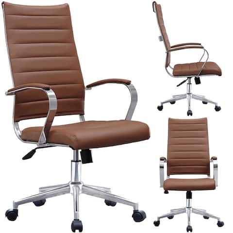 Modern Brown High Back Office Chair Ribbed PU Leather Swivel Conference Room Computer Desk Visitor Vintage Retro Boss