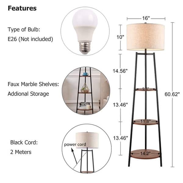 dimension image slide 0 of 3, ROSEN GARDEN Floor Lamp, Standing Reading Light with 3 Shelves