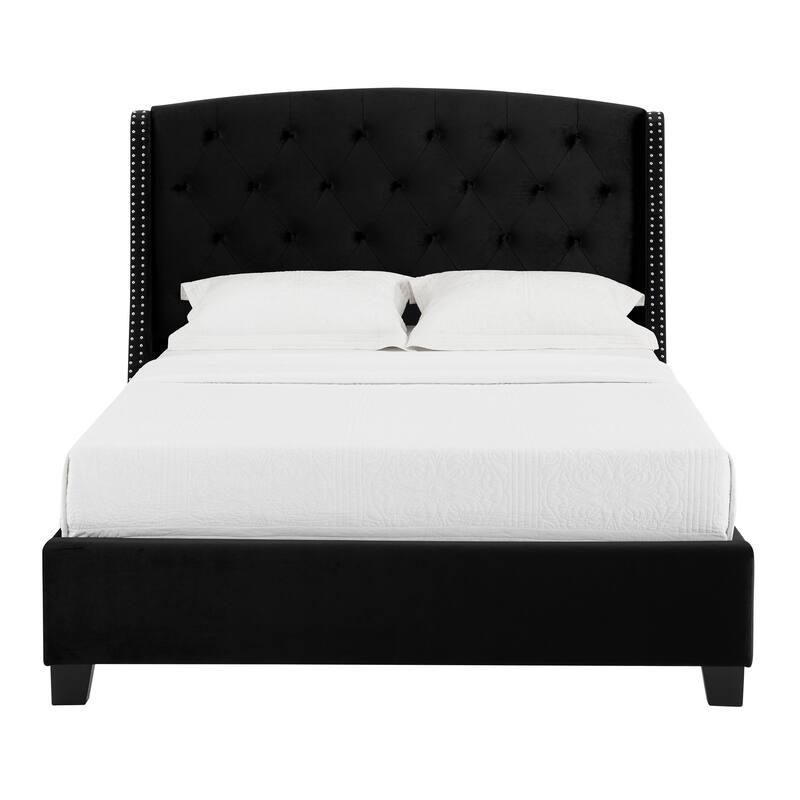 James King Size Bed, Platform Style, Button Tufted Black Velvet Upholstery