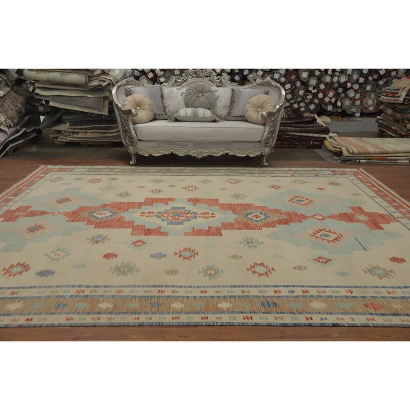 Hand Woven Southwestern Wool Beige Geometric Area Rug - 12' 9'' X 9' 9''