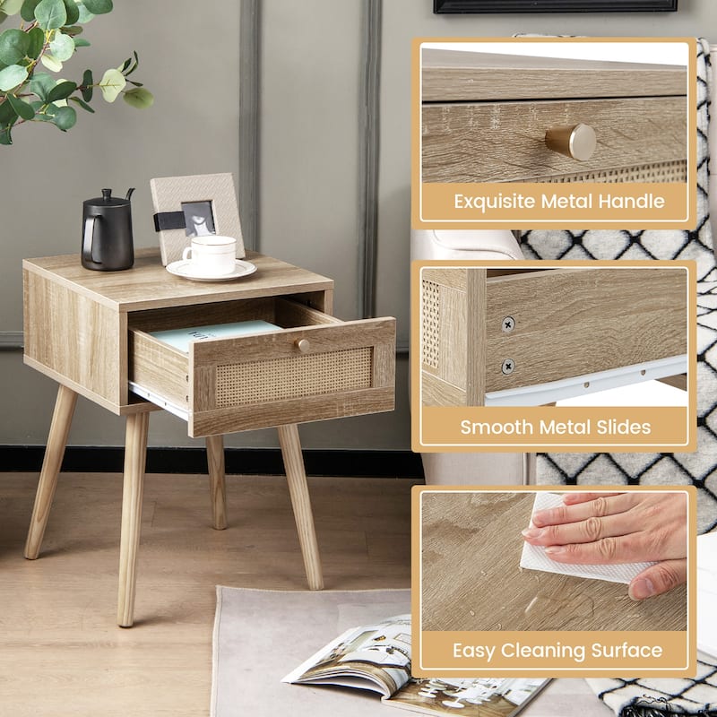 Gymax Nightstand Bedside End Sofa Table with Rattan Drawer for Bedroom