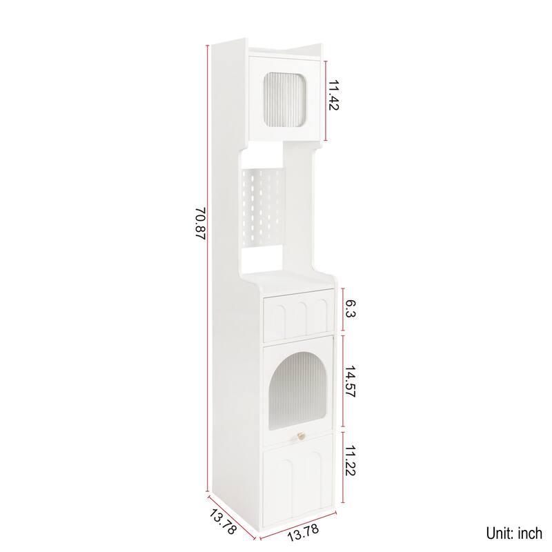 70" Tall White Storage Cabinet with Glass Door Hutch, Pegboard & Drawers for Kitchen, Entryway or Bedroom