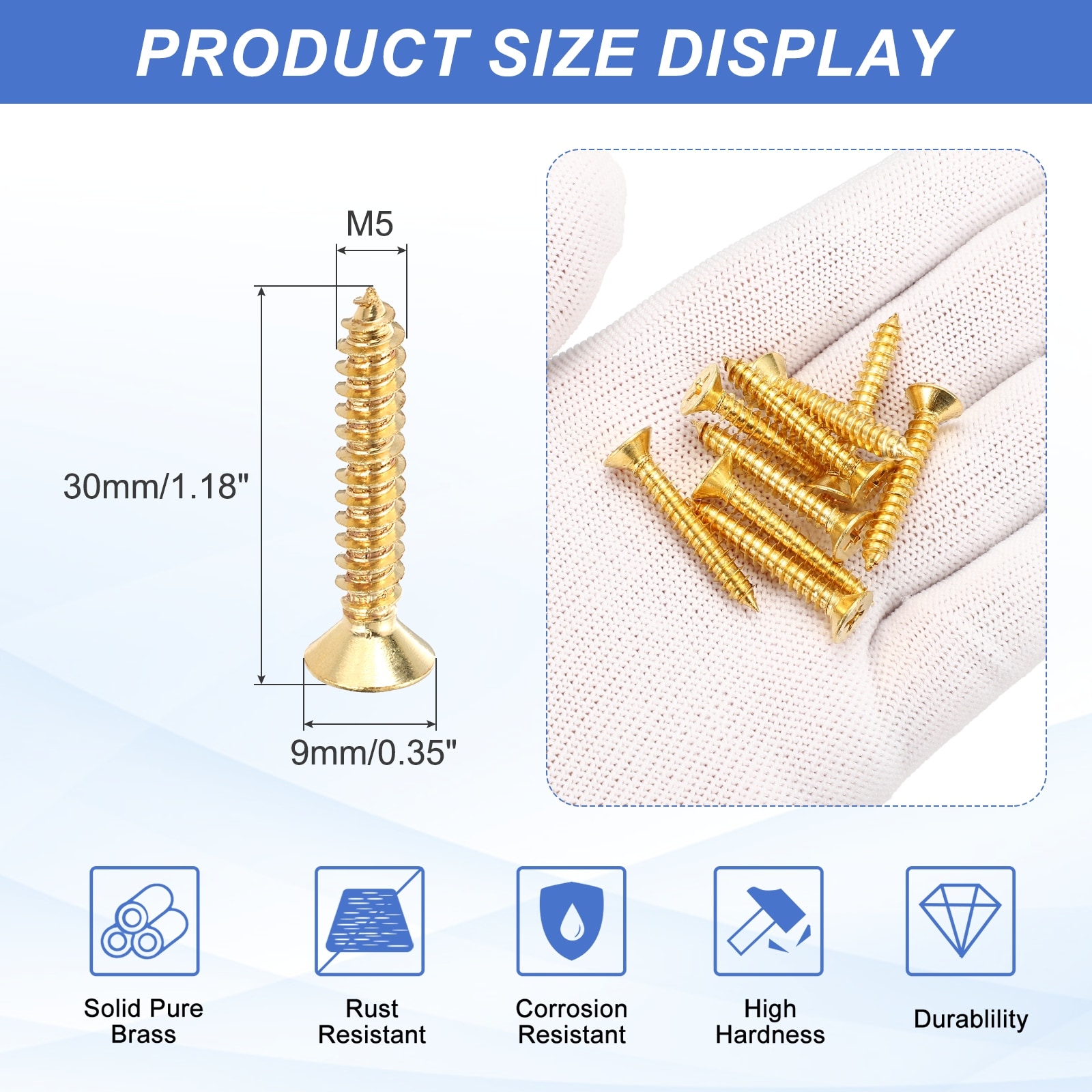 Solid Brass Wood Screws Flat Head Self-Tapping Wood Screw - Gold