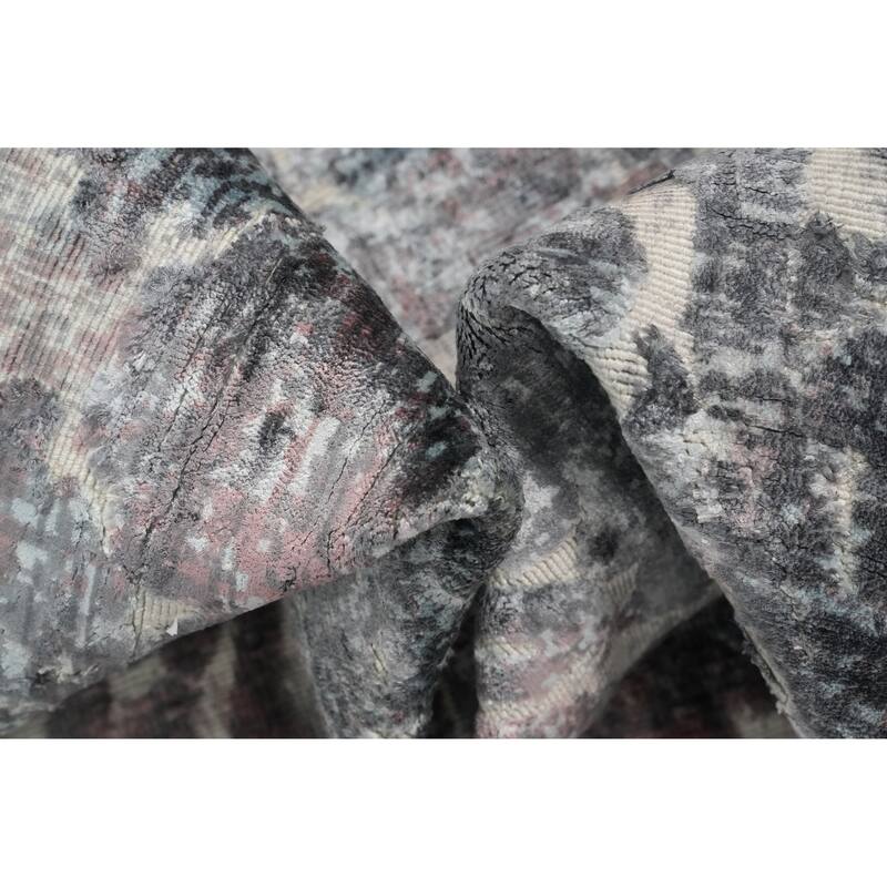Hand Knotted Oriental Viscose Silk Carpet Modern Floral Greys & Charcoal Abstract Area Rug - 6' 11'' X 5' 6''