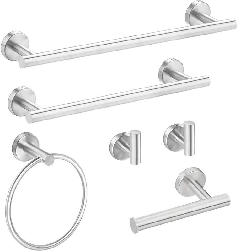 6-Piece Bath Hardware with Towel Bar Towel Hook Toilet Paper Holder and Towel Ring Set in Matte Black/Brushed Nickel - Brushed Nickel