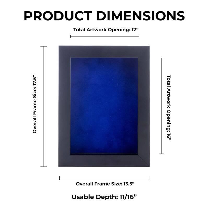 12x16 Shadow Box Frame Black Wood | With a 3/4" Usable Display Depth | Includes a Royal Blue Real Suede Texture Acid-Free