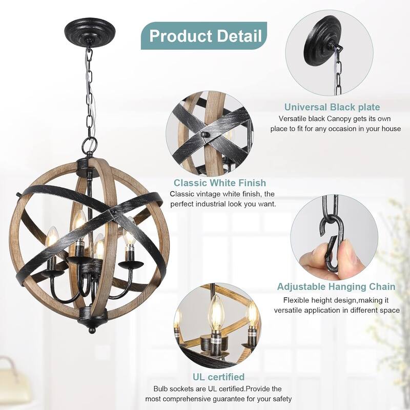 Farmhouse Chandelier Light Fixtures 4-Light Dining Room Light Fixtures Height Adjustable for Kitchen, Living Room, Hallway