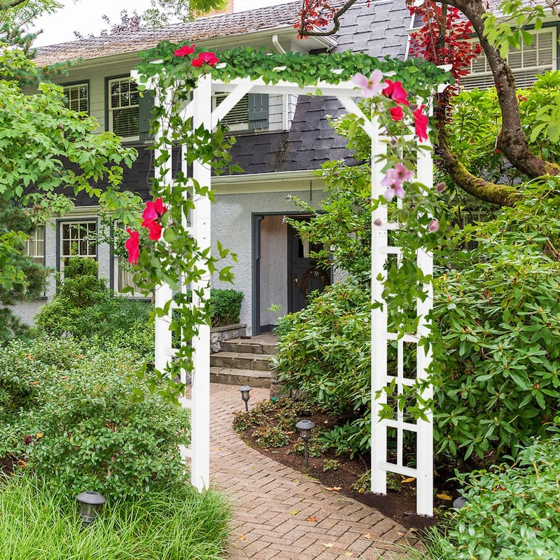 Outsunny 7' Wood Steel Outdoor Garden Arched Trellis Arbor with Natural Fir Wood & Side Panel for Climbing Vines - White