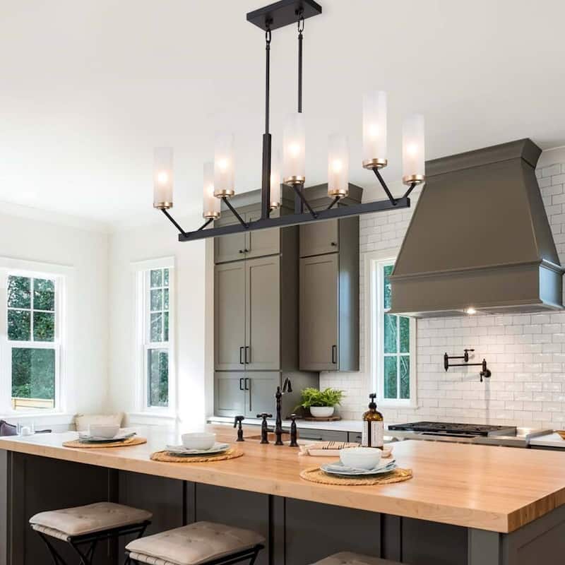 Kayna Modern 8-Light Black Gold 31.5" Linear Island Lights Glass Chandelier for Dining Room