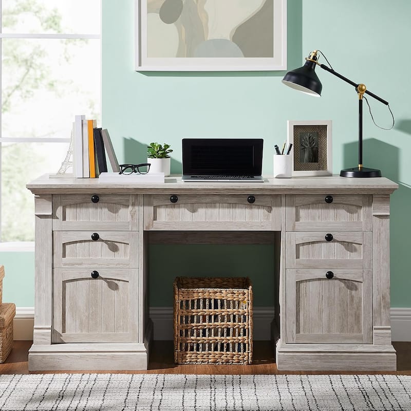 Farmhouse Computer Desk, Wood Home Office Desk with Charging Station
