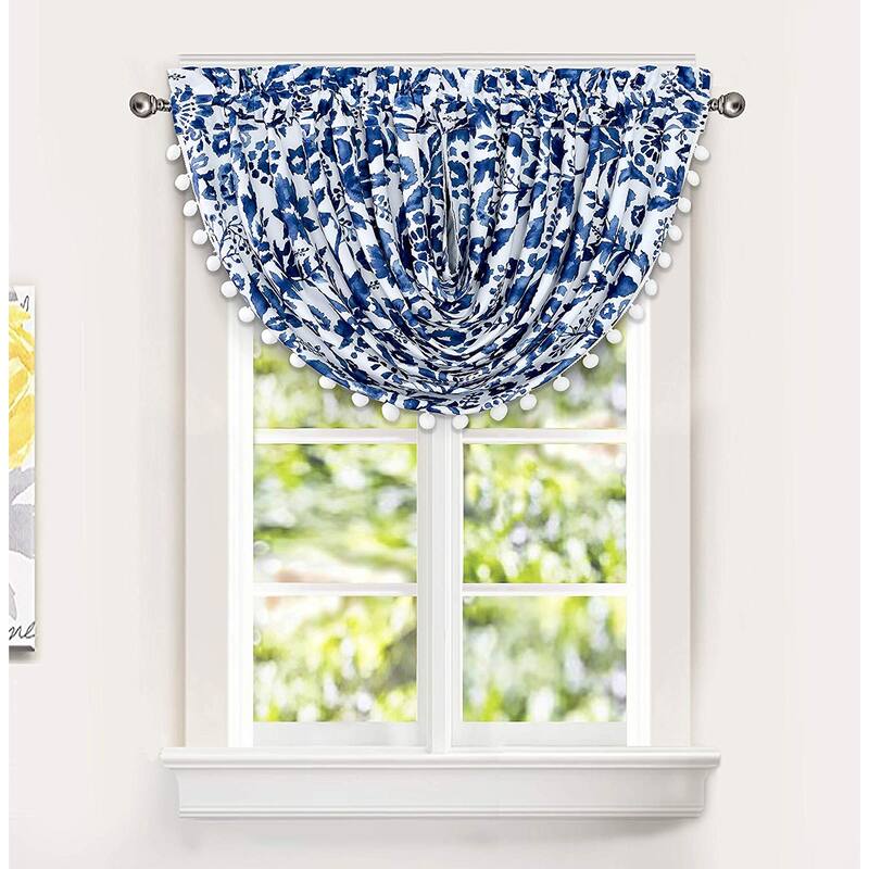 Porch & Den Ouzel Floral Watercolor Pattern Lined Window Valance - 52" width x 18 " length(swag) - Navy