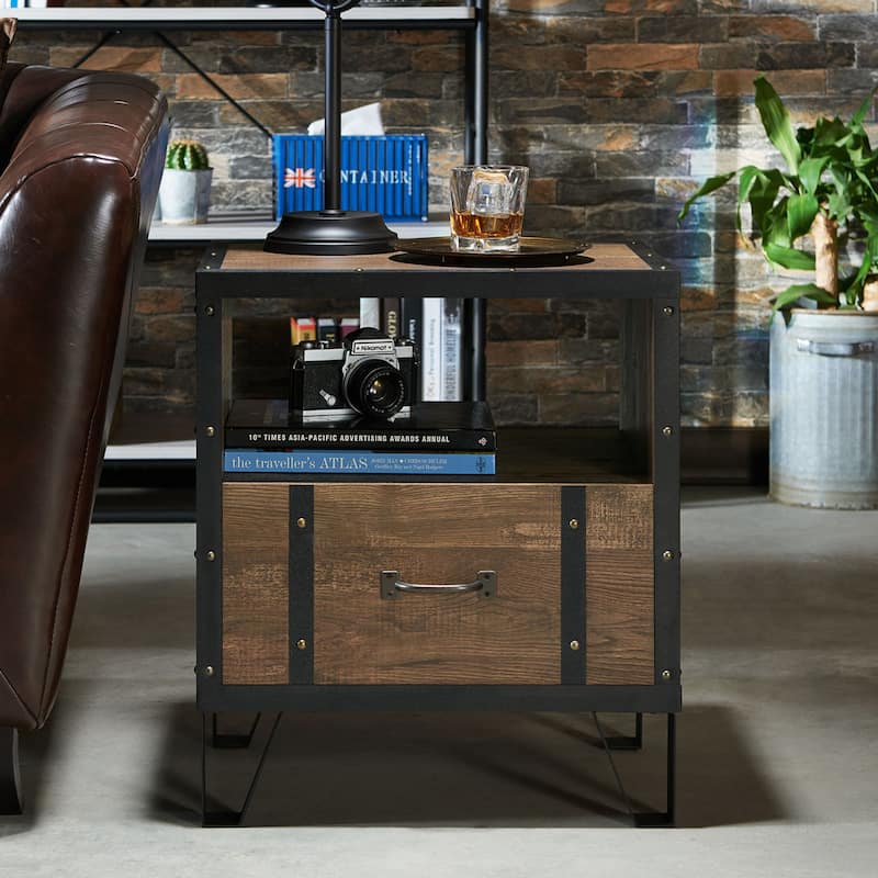DH BASIC Industrial Oak 17-inch Metal 1-Drawer End Table by Denhour