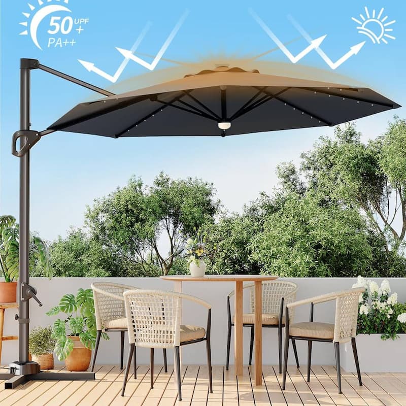 10FT Outdoor Patio Cantilever Umbrella with LED for Garden Pool Deck BackYard