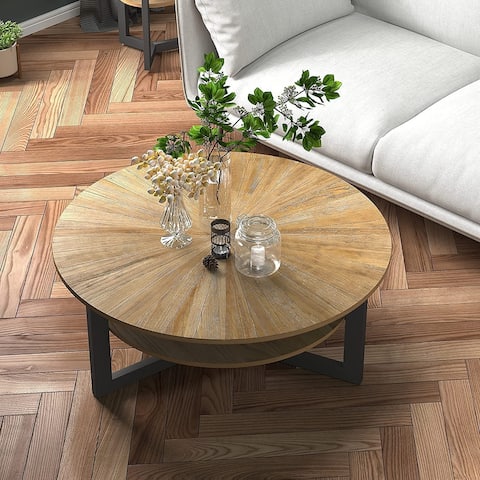 Round Coffee Table with Solid Wood Storage Circle Center Table - 33'5"x17'8"